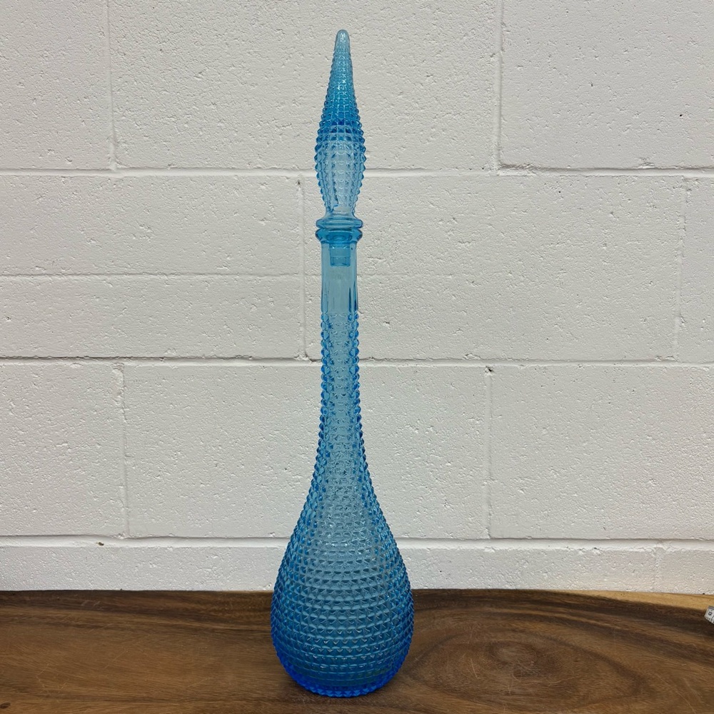 Empoli Ice Blue Diamond Glass Genie Bottle, Italian Art Glass Vase